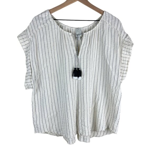 Joie Ivory Black Striped Gauzy Cotton Tassel Peasant Blouse - Picture 2 of 6